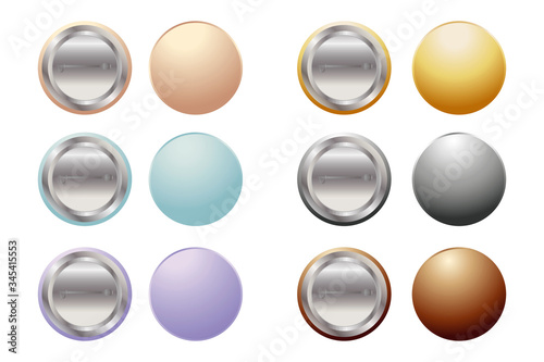Six round empty badges from two thorns of different colors, bright colors. Reverse side of the latch icon. Vector illustration. Stock Photo.