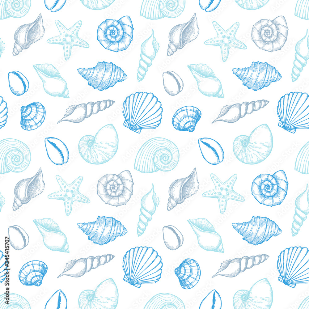 Hand drawn vector illustrations - seamless pattern of seashells. Marine background. Collection of shells and starfishs. Perfect for fabric, textile, linens, invitations, posters, prints, banners
