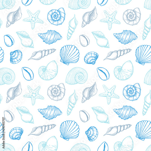 Hand drawn vector illustrations - seamless pattern of seashells. Marine background. Collection of shells and starfishs. Perfect for fabric, textile, linens, invitations, posters, prints, banners © Kate Macate