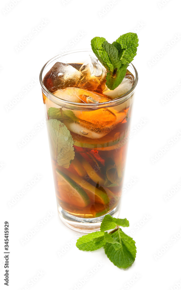 Glass of tasty cold ice tea on white background Glass of tasty cold ice tea on white background