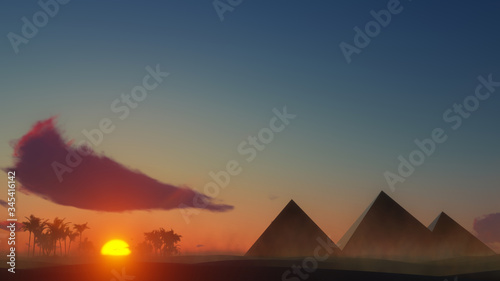 Pyramidal Solar Panels in the Desert with Palm Trees 3D Rendering