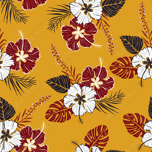 tropical flowers vector pattern on yellow background