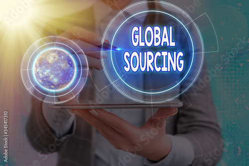 Conceptual hand writing showing Global Sourcing. Concept meaning practice of sourcing from the global market for goods Elements of this image furnished by NASA photo