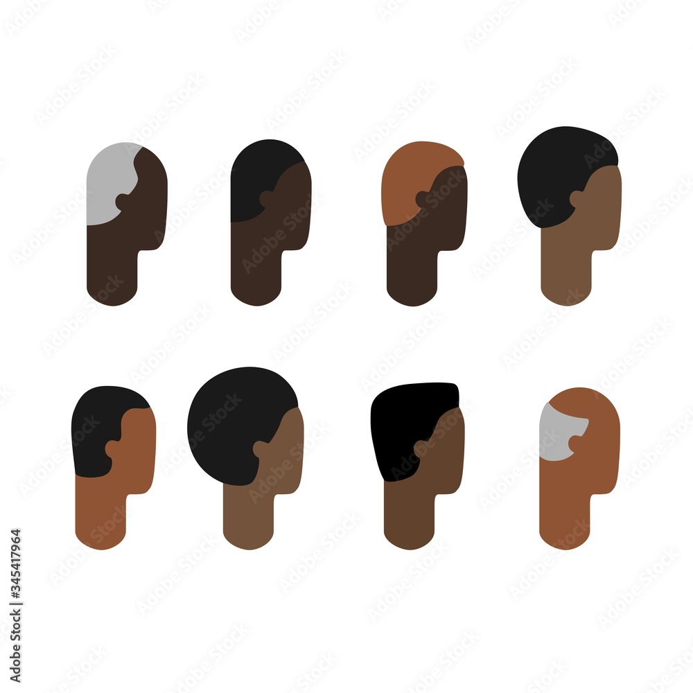 African American man head flat icon set vector. Black man face in