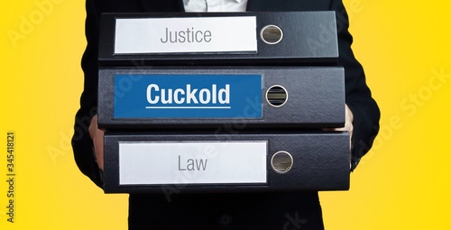 Cuckold – Lawyer carries a stack of 3 file folders. One folder has the label Cuckold. Symbol for law, justice, judgement