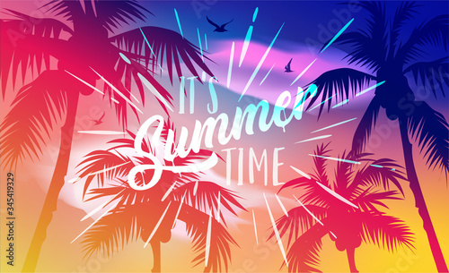 It is summer time banner. New trendy realistic sand and sea texture. Season vocation, weekend, holiday logo. Summer Time Wallpaper. Happy shiny Day. Vector Lettering. Fashionable styling. Traveling. © brainpencil