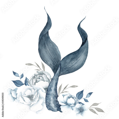 Watercolor marine illustration with mermaid tail with pretty blue flowers and leaves, isolated on white background