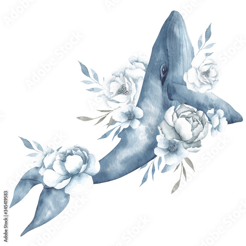 Watercolor marine illustration with pretty whale and floral element, isolated on white background