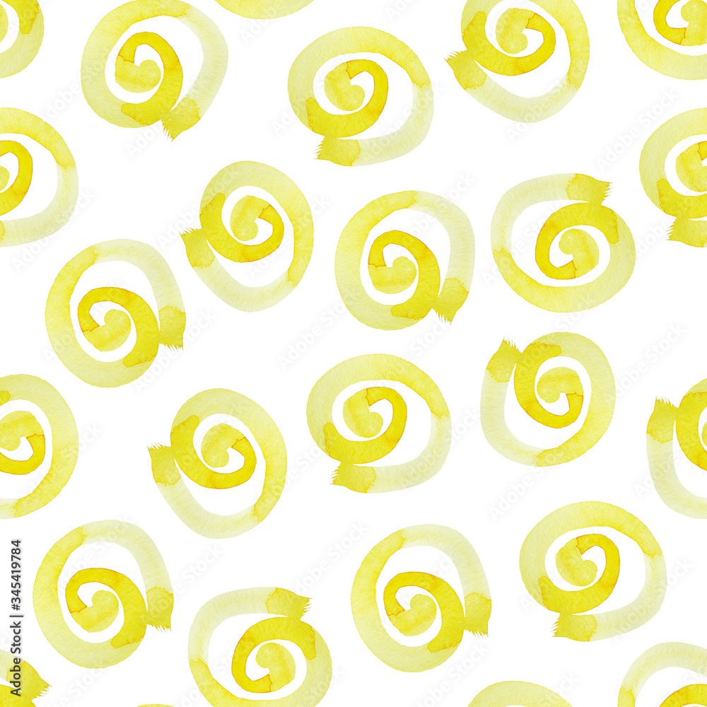 Yellow Watercolor spiral background. Summer seamless pattern for wallpaper, packaging, wrapping, scrapbooking