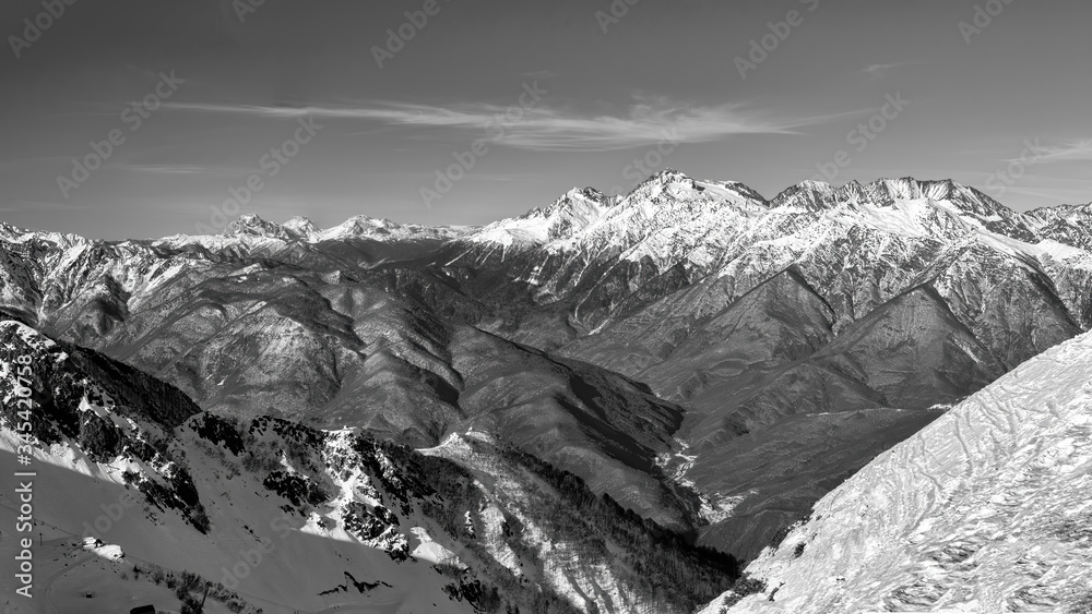 black and white panorama of the Caucasus mountains