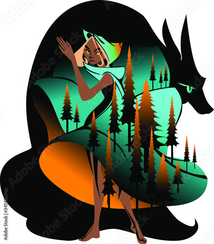 Modern version of Red Hat fairy tail. Red Hat girl with wolf in the dark forest. Vector art of a girl in dress and wolf in pine forest in black, orange and cyan colors.