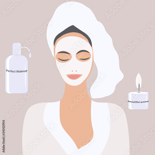 Woman with cosmetic mask on her face, perfume bottle, scented candle - vector. Mental health Stay at home. Quarantine. Home Care Cosmetics