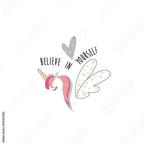 unicorn animal horse gold star shine heart text line tee illustration art vector