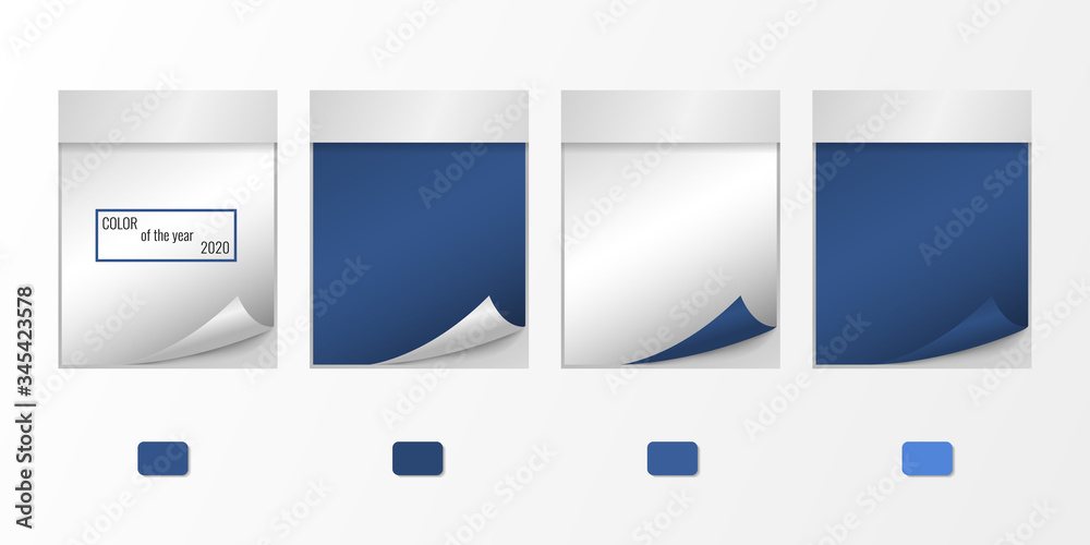 Vector realistic white and blue square sticker label mock up isolated on white background. Sticky note paper reminder template. Set 3d paper rectangle sheet mockup for design tear-off calendar page.