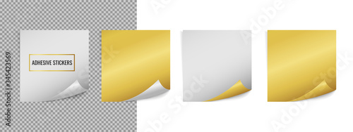 Vector realistic white and golden square sticker label mock up isolated on white and transparent. Sticky note paper reminder template. 3d paper rectangle sheet mockup illustration for your design.