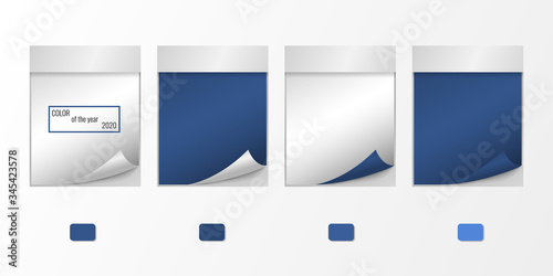 Vector realistic white and blue square sticker label mock up isolated on white background. Sticky note paper reminder template. Set 3d paper rectangle sheet mockup for design tear-off calendar page.