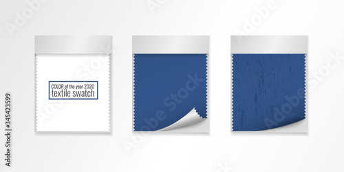 Blue - color of the year 2020. Trendy palette sample textile swatch template in 3d realistic paper case isolated on white background. Vector illustration