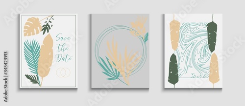Abstract Asian Vector Flyers Set. Tie-Dye, Tropical Leaves Posters. 