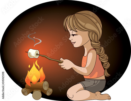 Young girl toasting a marshmallow over a campfire