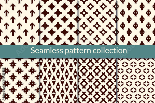 Minimal geometric seamless pattern collection. Simple geo design background set. Mini star, diamond, arrow print kit