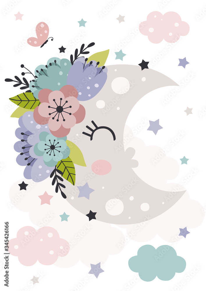 poster with beautiful moon and flowers
 -  vector illustration, eps