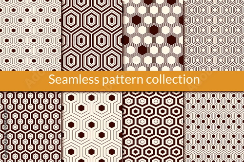 Honeycomb, hexagon seamless pattern collection. Geo design background set. Classic geometric mosaic tiles print kit