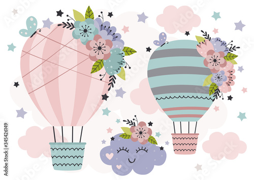 cute poster with Hot Air Balloon cloud and flowers
 -  vector illustration, eps
