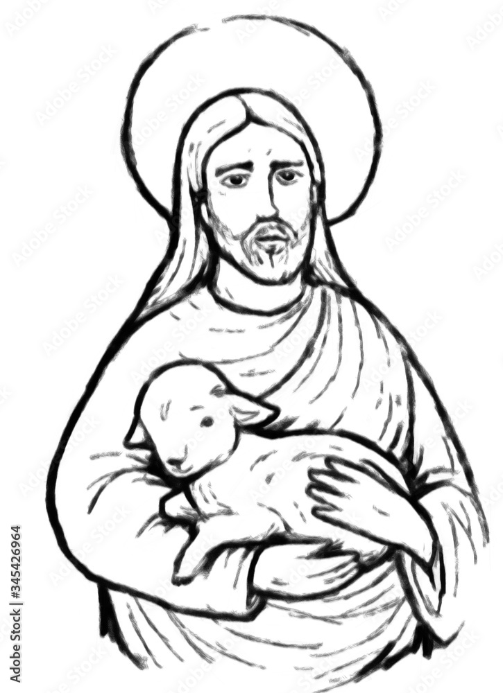 calm jesus with lamb in the background - illustration calm jesus with lamb in the background - illustration