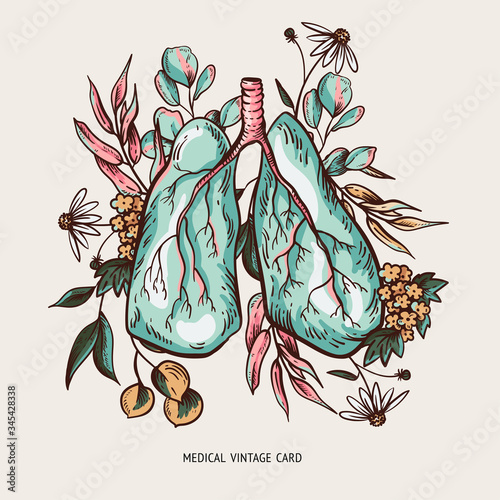 Vector human lungs illustration with flowers, bronchial tree, healthy lungs