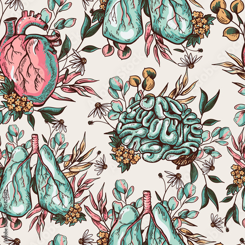 Vector human lungs, heart, brain with flowers seamless pattern