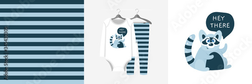 Seamless pattern and illustration set with a raccoon, Hey there text