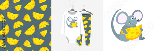 Seamless pattern and illustration set with mouse hugs cheese