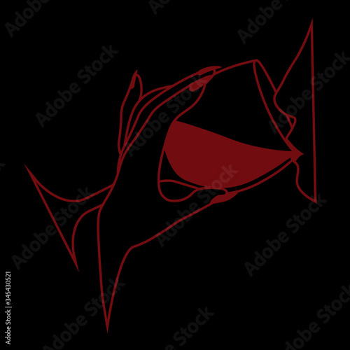 Minimal line art with woman drinking red wine on black background