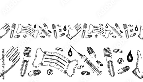 Seamless border with black medical equipment mask, disposable glove, syringe, pills, capsule, vaccine concept. HAnd drawn vector sketch illustration in realistic style. MEdicine, pandemic, pharmacy.