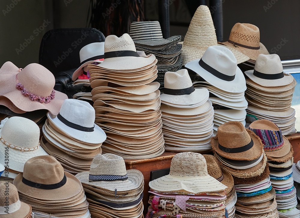 Many hats sold at a holiday resort for sun protection
