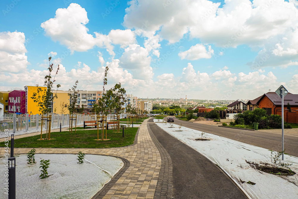 Southwestern residential area of Belgorod, Russia. Kashtanovaya Street on Novaya Zhizn (New Life) city district.