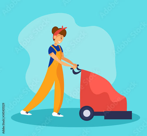 Girl cleaning service worker washing floor with scrubber machine