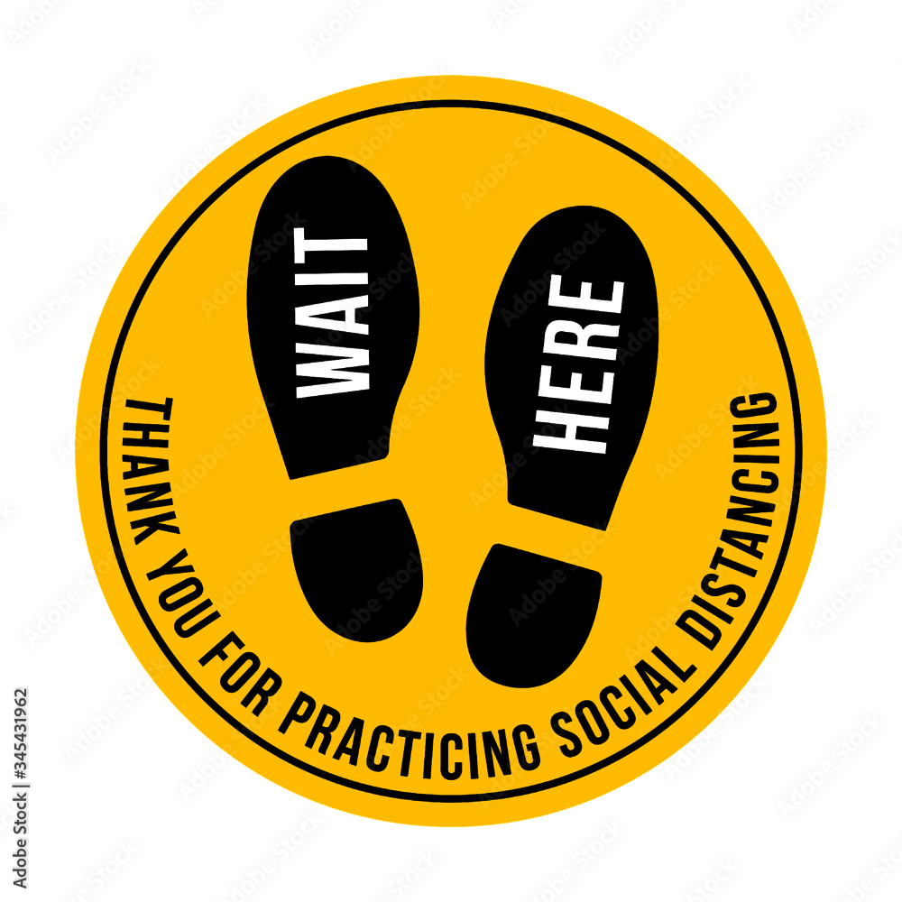 Wait Here floor graphic for retail stores and restaurants - social distancing compliance - obrazy, fototapety, plakaty 