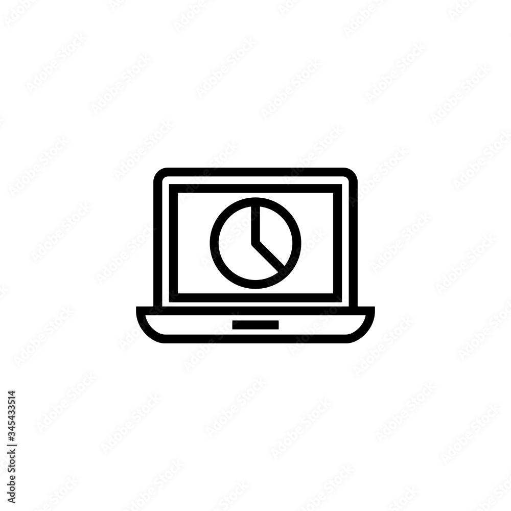 Laptop pie chart on screen vector icon in linear, outline icon isolated on white background Laptop pie chart on screen vector icon in linear, outline icon isolated on white background