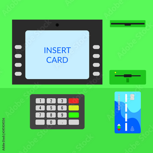 Concept ATM, bank terminal for withdrawing and depositing cash on a plastic card. Vector illustration of an ATM in a flat style.