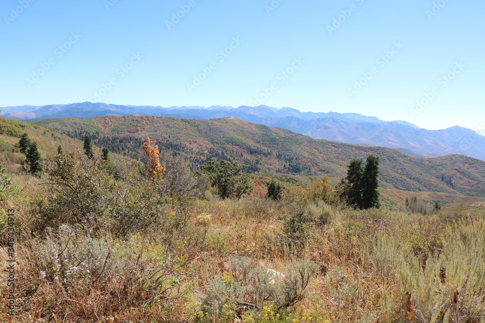 The Wasatch Mountains countryside in late summer near Big Mountain Pass in Morgan, Utah.