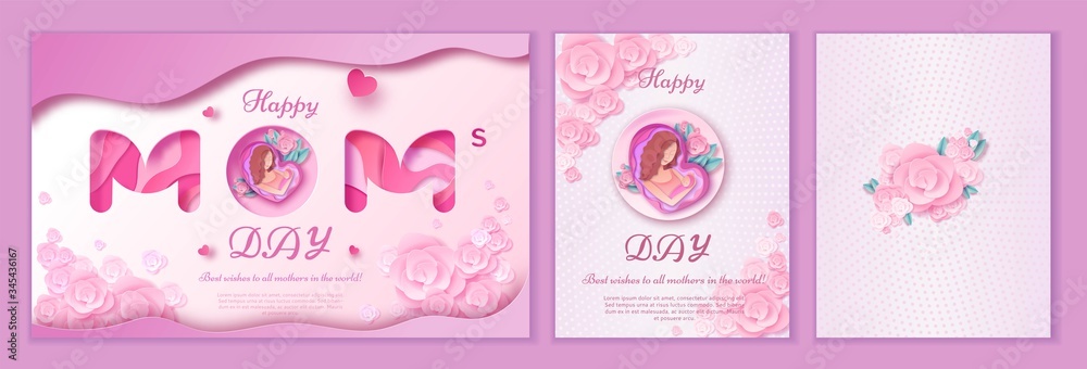 Mother's day origami paper art greeting card in trendy style with frame, patterns, flowers, woman holding baby silhouette. Colorful carved vector illustration Mother's day origami paper art greeting card in trendy style with frame, patterns, flowers, woman holding baby silhouette. Colorful carved vector illustration