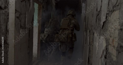 Explosions near soldiers, military action