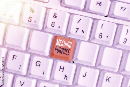 Writing note showing Meaning Purpose. Business concept for The reason for which something is done or created and exists photo