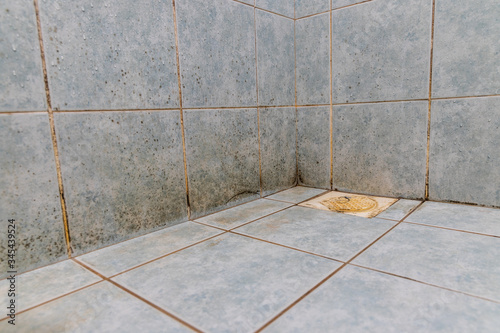 Foto Mildew, dirty unhygienic mold growing on bathroom wall tile