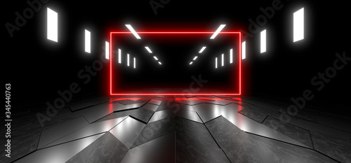 Fototapeta Naklejka Na Ścianę i Meble -  Colored luminous geometric shape on a black background. Blurred reflection on the floor. 3d rendering image.