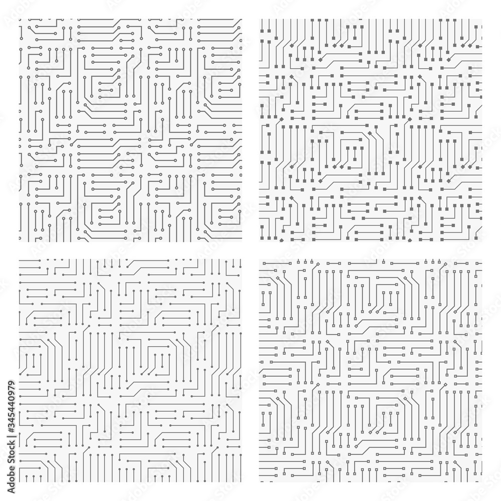 Collection of 4 seamless monochrome electronic pattern. Vector illustrations of circuit board. Cyber high-tech textures.