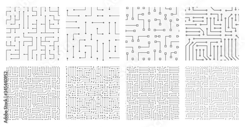 Collection of 8 seamless monochrome electronic pattern. Vector illustrations of circuit board. Cyber high-tech textures.