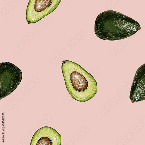 Seamless vector hand drawn pattern with avocado in doodle style on a pink background. Healthy food green texture.