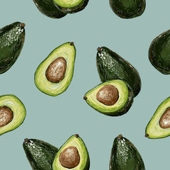 Acrylglasbilder Avocadomuster Doodle Avocado Muster auf Blau  © kokoshka